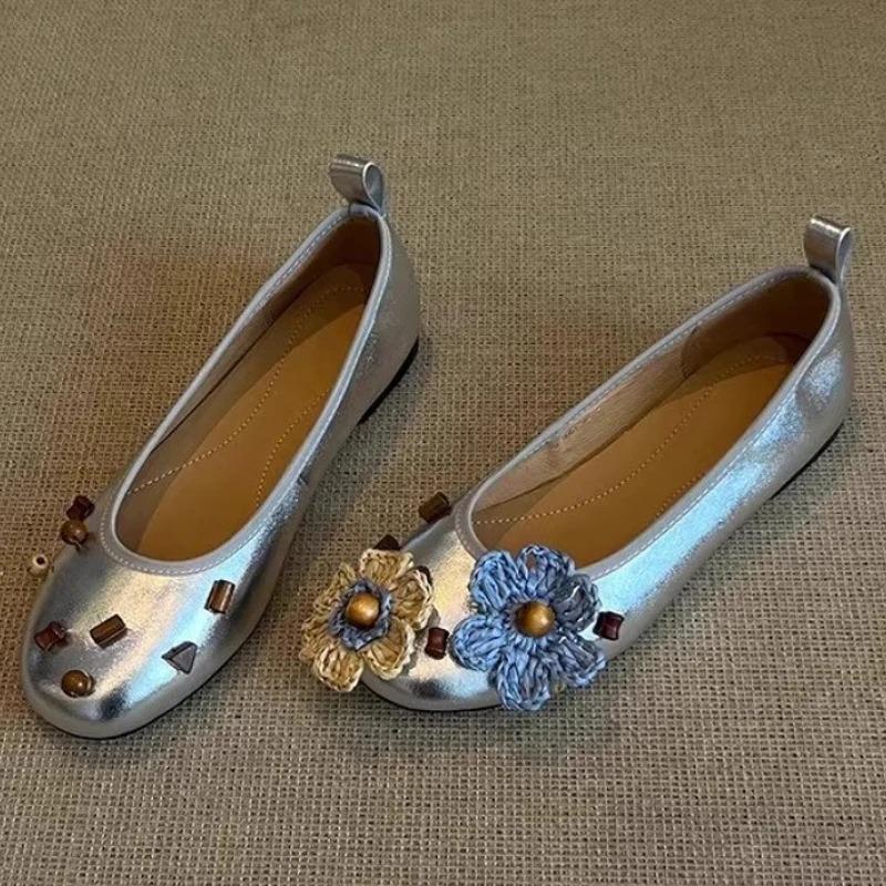 Fashion Sweet Flower Decoration Mary Jane Shoes Women 2025 Autumn Leather Round Toe Flats Casual Comfort Shallow Mouth Flat Loafers