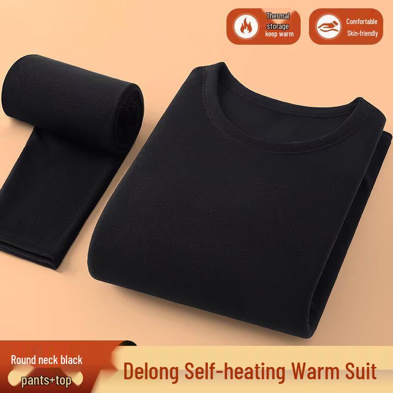 Męski Jesienno-Zimowy Ciepły Zestaw Bielizny z Okrągłym Dekoltem - Jednolity Kolor, Duży Rozmiar Warstwa Bazowa