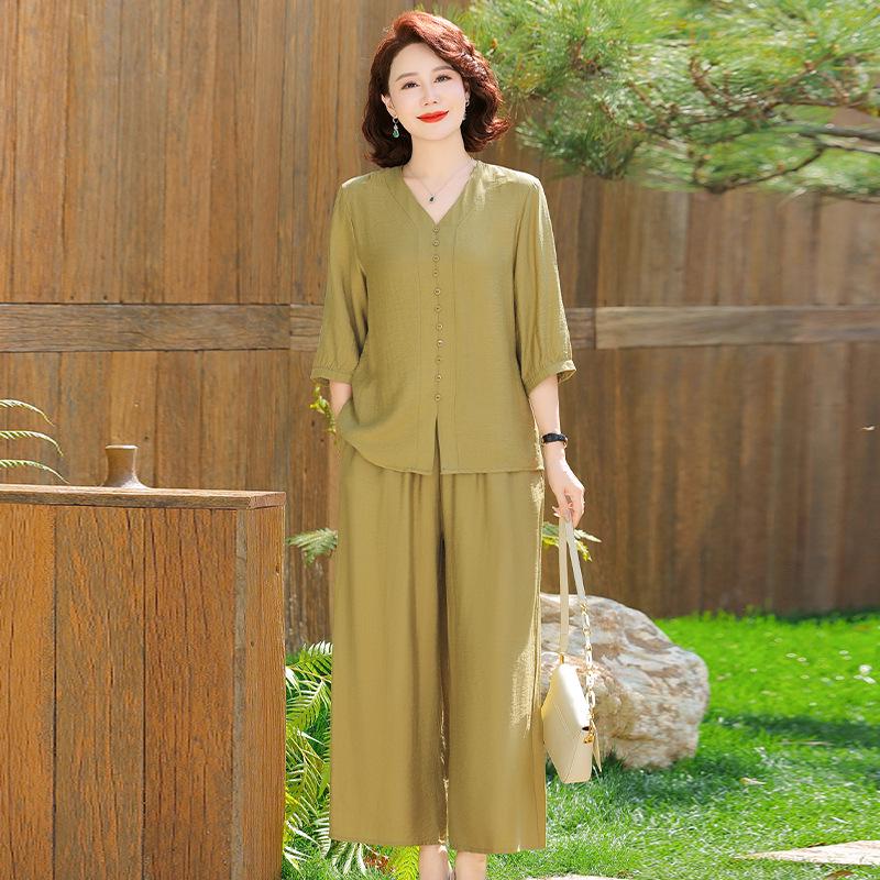 

Stylish Summer Two-Piece Set for Women: Mid-Sleeve Top & Wide-Leg Pants - Loose, Casual Fit for Middle-Aged & Elderly 3XL (115-130 Jin)
