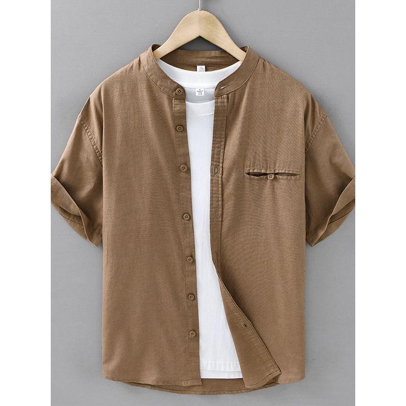 Summer Chinese Style Retro Stand Collar Linen Shirts Men's Loose Casual New Chinese Cotton Linen Short sleeve Shirt Thin