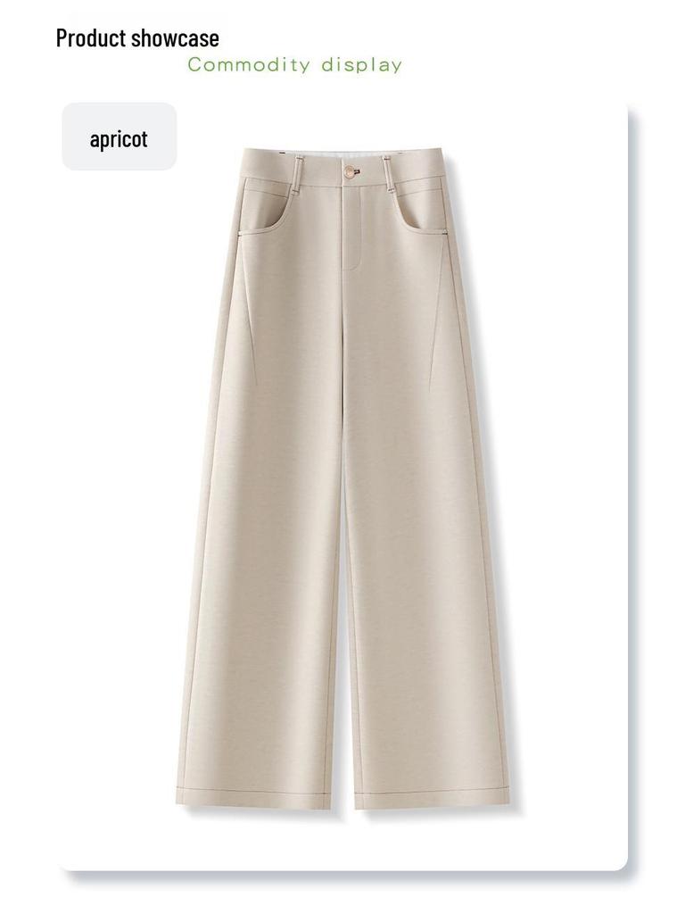Women's 2024 Beige Cashmere Wide-Leg Pants - Autumn/Winter Style, Drapey Wool Straight-Leg Casuals.