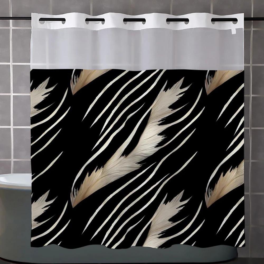 

No Hook Black Pattern Shower Curtain With Snap-In Fabric Liner, Sheer Top Window, Waterproof Double Layer Bathtub Curtain W60H190(CM)-1 Pcs