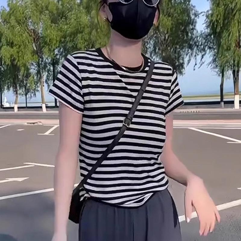 Hong Kong Style Chic Striped Cotton Slimming Tee - Women's Versatile Summer Short-Sleeve Top