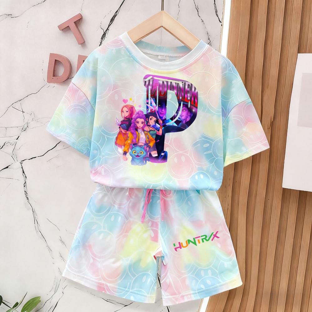 Summer Demon Hunters T-Shirt and Pants Set Girls' Clothing Cute Smiley Face 3D Print Short-Sleeve Set Kids' T-Shirt and Shorts Set