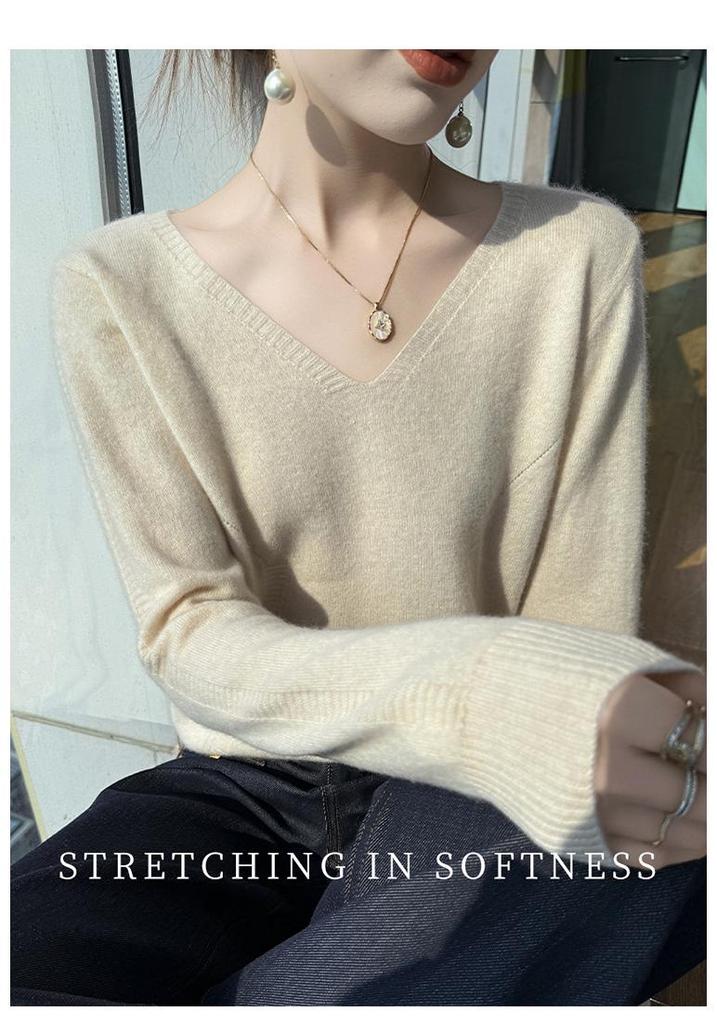 Women's V-Neck Wool Sweater: Slim Fit, Long Sleeve, Knit Base Layer for Autumn & Winter