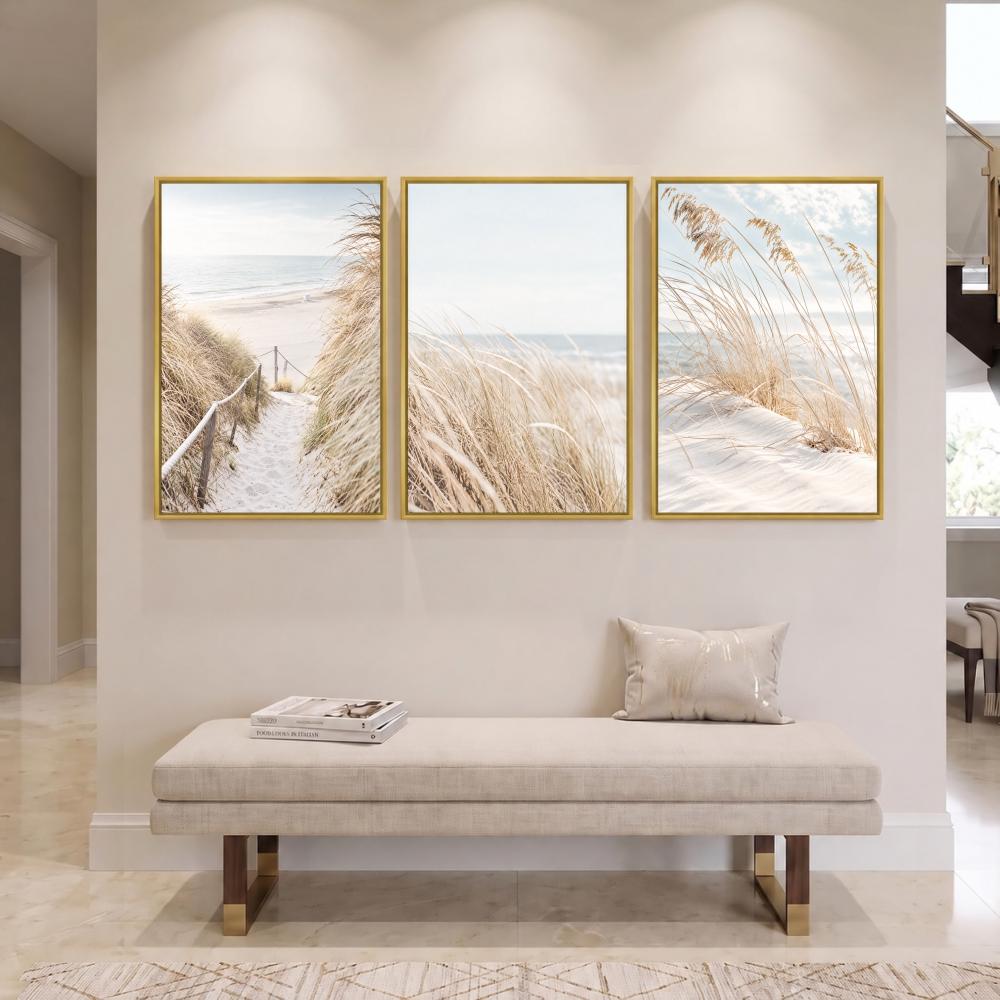 Beach Reeds Sand Dunes Ocean Painting Calligraphy Canvas Prints Set of 3 Wall Art for Living Room Decor Vintage Fashion Decals