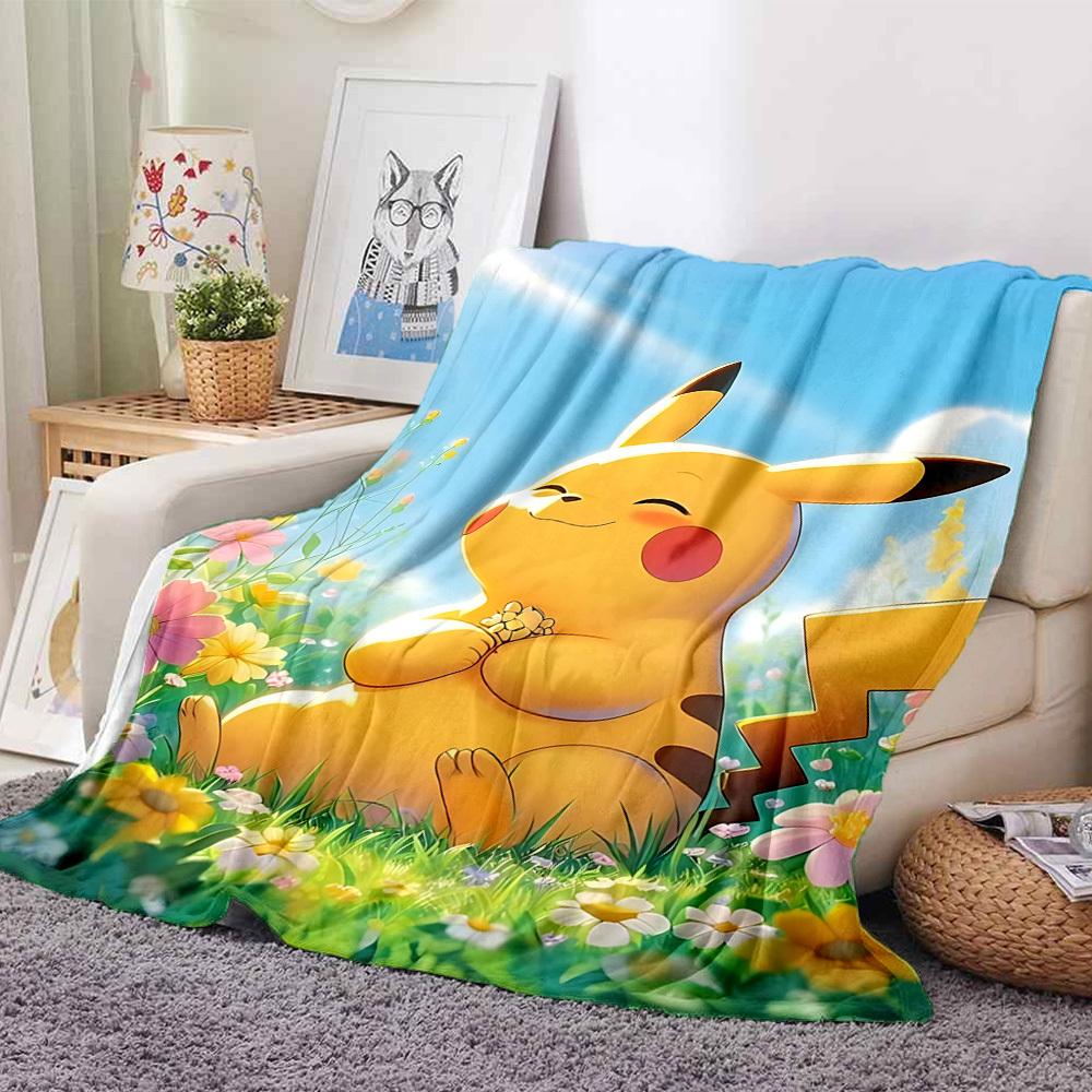 1pc Pikachu, Flowers Blanket Lightweight Flannel Blanket Throw Blanket For Sofa, Bed, Travel, Camping, Livingroom, Office, Couch