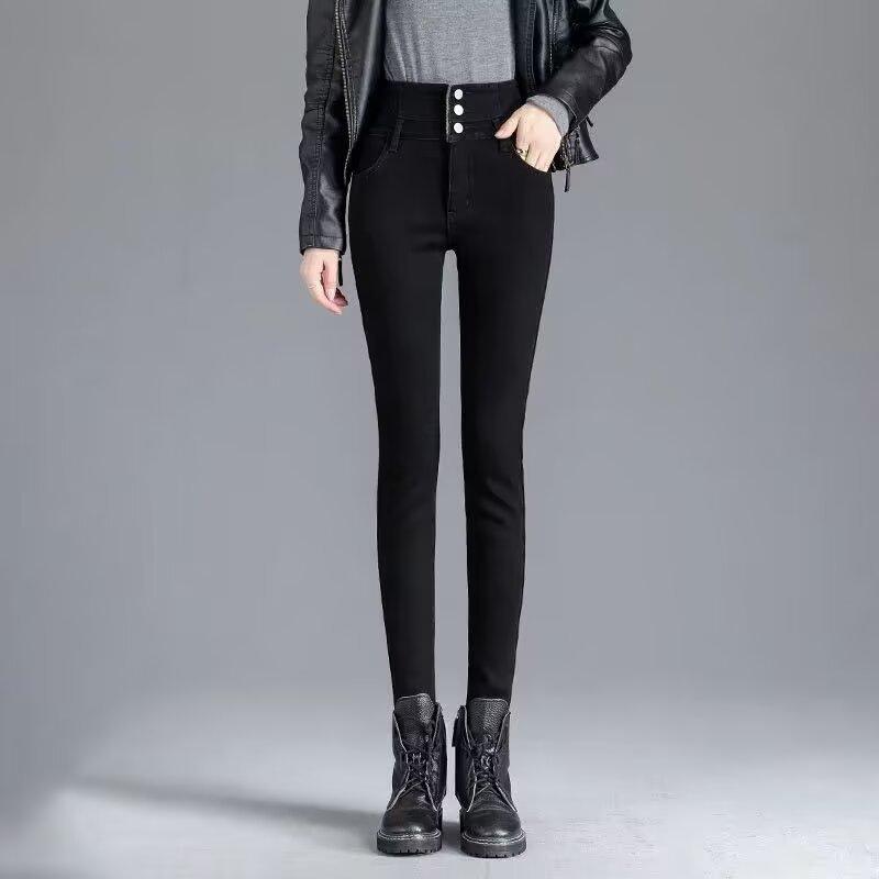 High Waist Slim Fit Fleece Lined Thickened Pencil Long Jeans Women's Autumn Winter Style Fashionable And Elegant