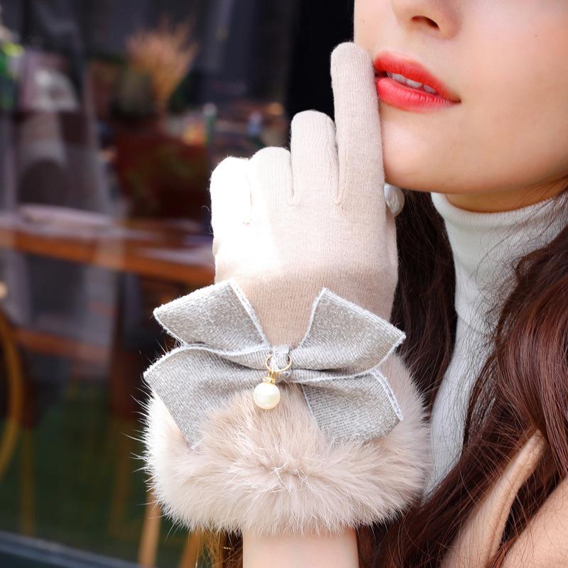 Women Winter Wool Warm Gloves Add Cashmere Thicken Bow Pearl Decoration Touch Screen Female Gloves Elegant Plush Gloves
