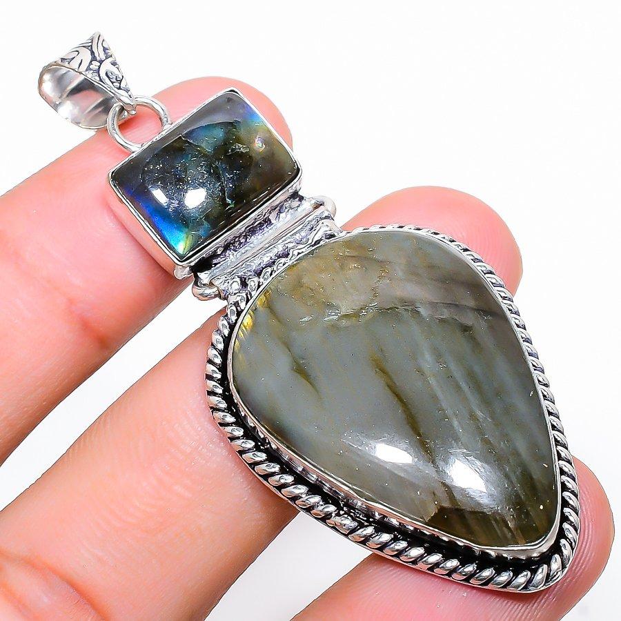 Labradorite Gemstone Handmade 925 Sterling Silver Jewelry Pendant 2.52"