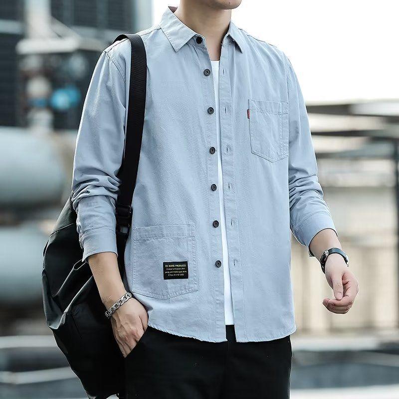 Pánská japonská retro košile s dlouhým rukávem, volným střihem a moderními kapsami