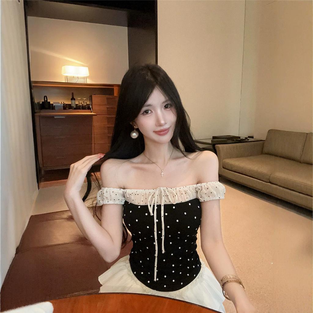 Spice Girl Contrasting Polka Dots Shoulder T-Shirt Women's Summer Korean New Slim Off-Shoulder Short Lace-Up Niche Top