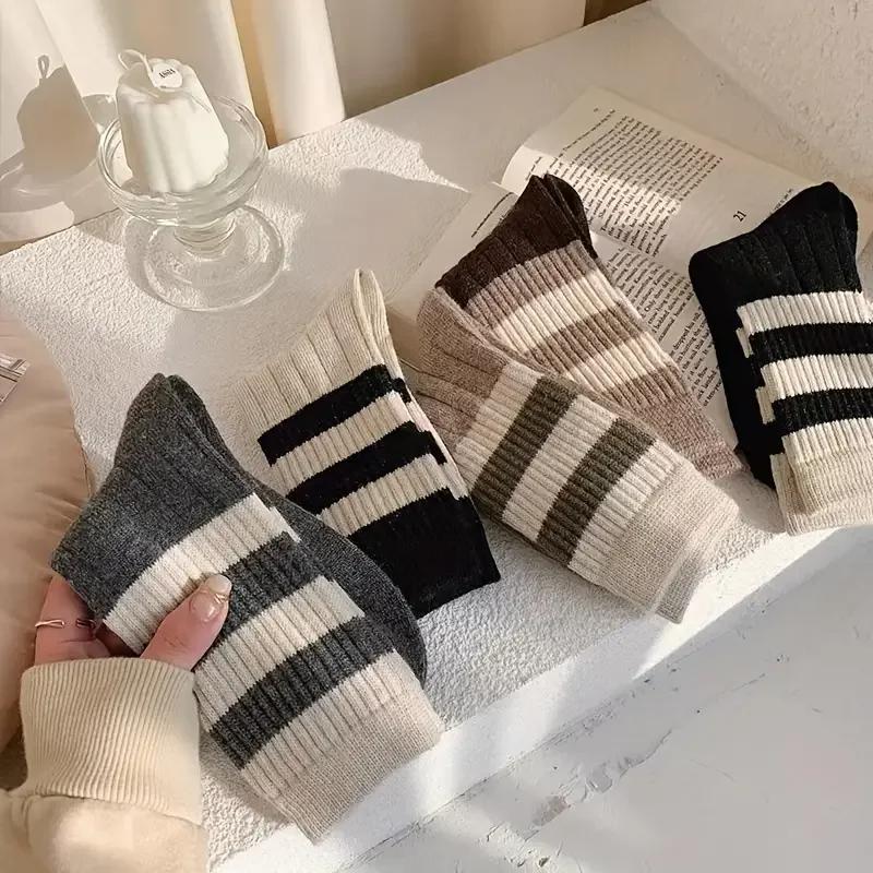5 Pairs Of Socks For Women Including Mid Calf Socks Striped Forest Style Socks Retro Japanese Style Long Socks Four Season