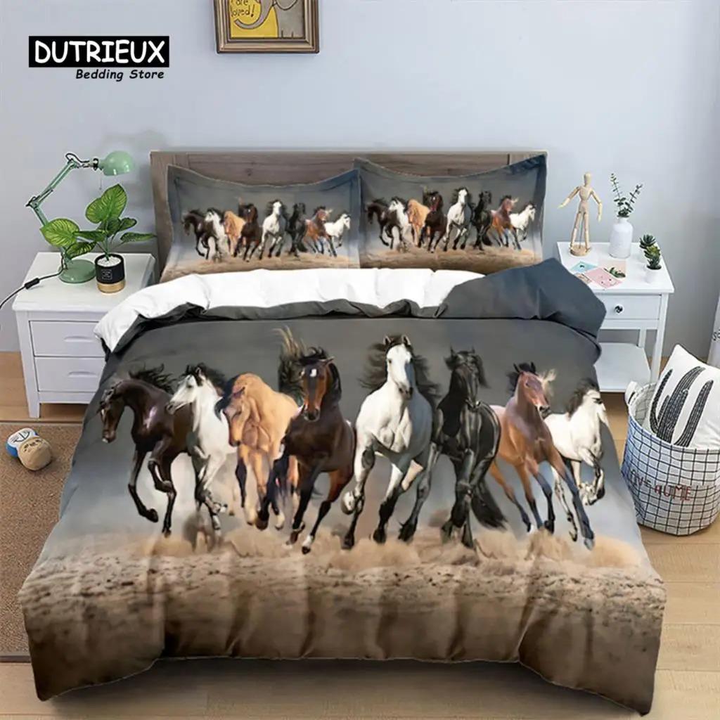Horse Comforter Cover Set For Kids Toddler Farm Animal Pattern Bedding Set Boys Girls 3 Piece Farmhouse Cowboy Duvet Cover Set