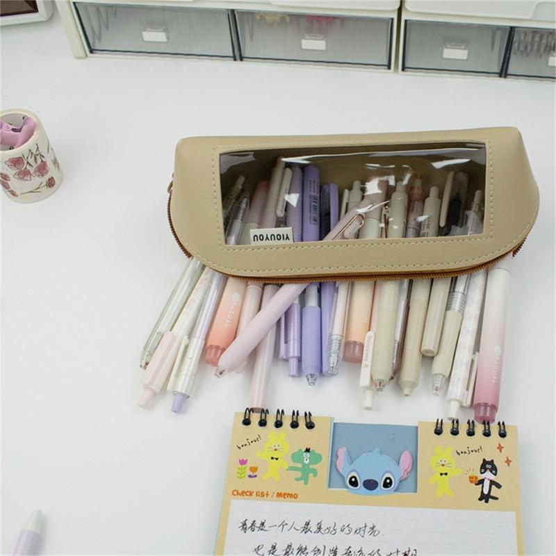 Leather Pencil Case Large Compartment Pencil Bag Water Resistant Clear Pen Pouches Pen Organizers Bag for Student Adult