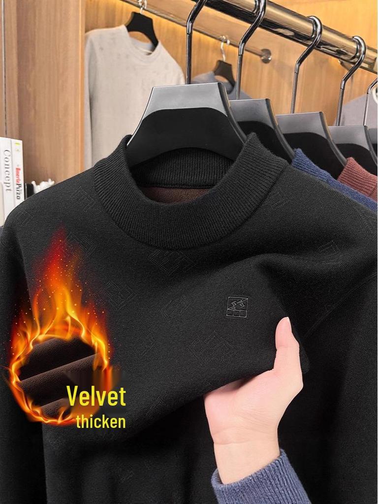 Men's Half-High Collar Jacquard Sweater with Velvet Lining - Warm, Skin-Friendly Knit Base Layer for Fall/Winter