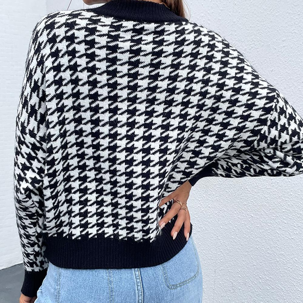 Autumn/Winter Women's Houndstooth Diamond Knit Sweater Pullover