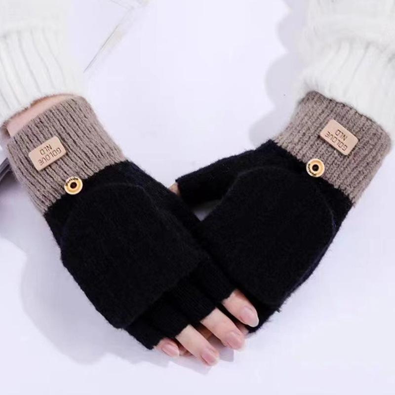 

Пара Термальних Зимових Мітенок без пальців з відкидною верхньою частиною, В язані Конвертовані Жіночі Теплі Рукавиці a pair чорний