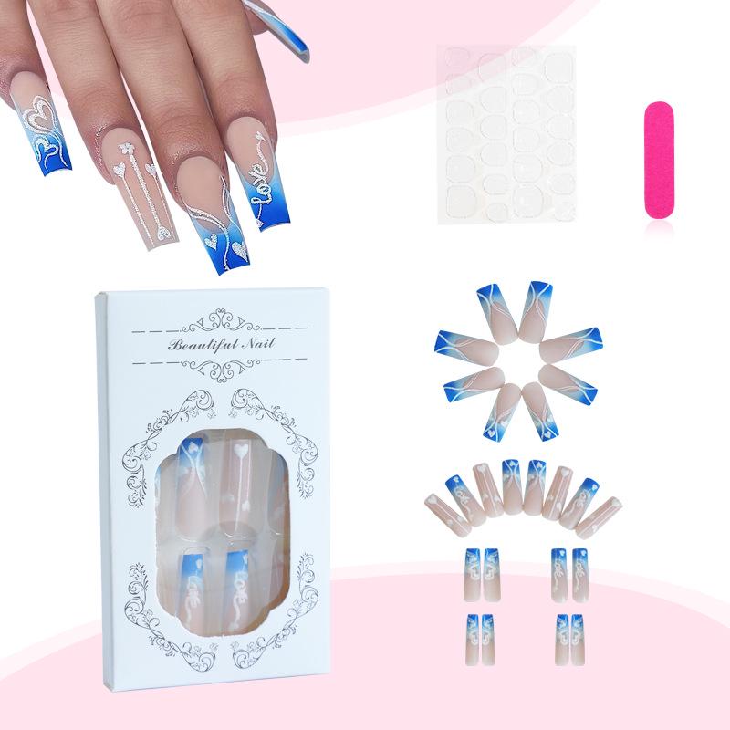 

2024 Модные Длинные Синие Носимые Накладные Ногти с Блестками в Форме Сердца с Французским Краем