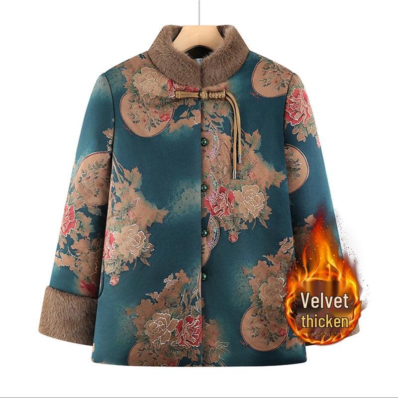 

Floral Fleece-Lined Cotton Jacket for Elderly Women - Warm and Stylish Autumn/Winter Outerwear, Plus Size Available. 5XL (Recommended 140-150 jin) зелений