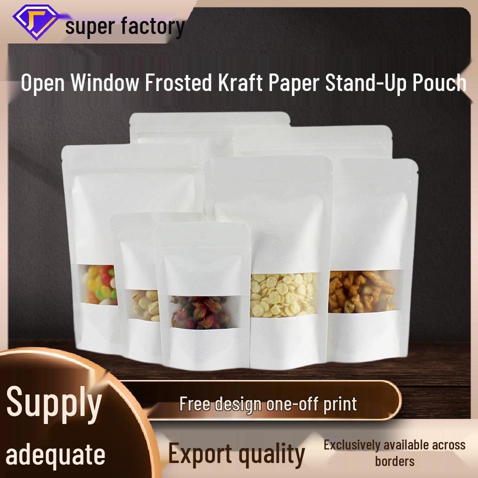 

Белый крафт-пакет дой-пак с самоклеящимся клапаном и матовым окошком для орехов и сухофруктов White; 9*14+3.28 silk; Kraft paper