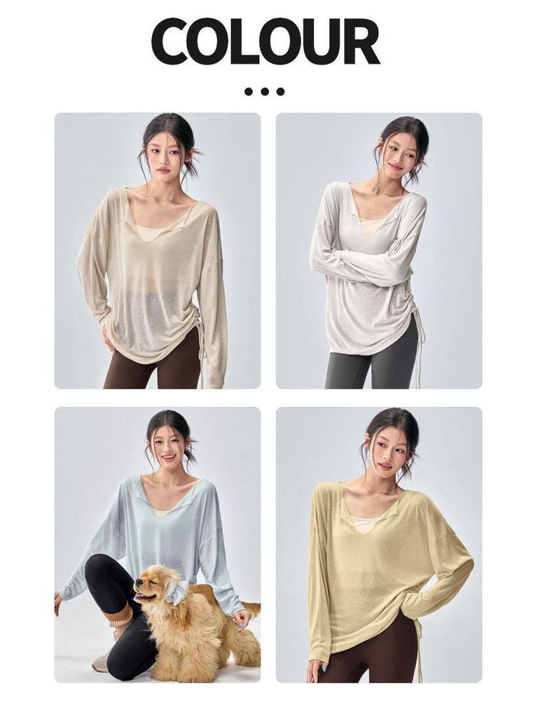 Women's Korean Style Long Sleeve V-neck Yoga Top - Loose, Breathable, Casual Sportswear