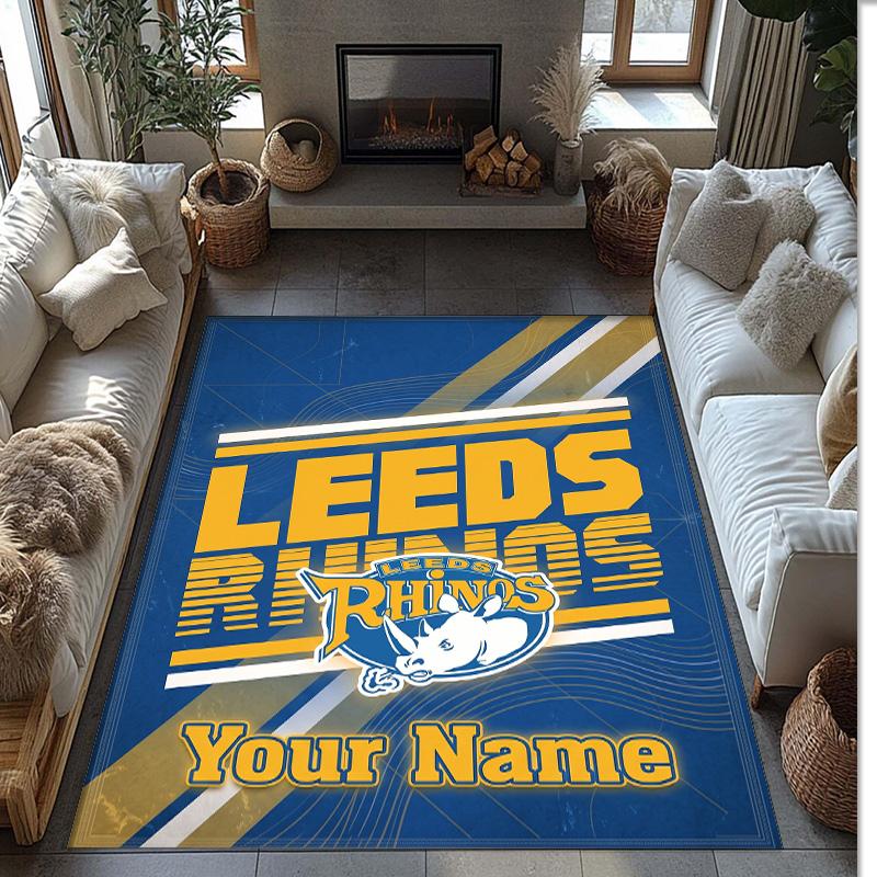 Leeds Rhinos Crystal Velvet Rug, Custom Name Text Personalized Non‑Slip Floor Mat for Home Decor Gift