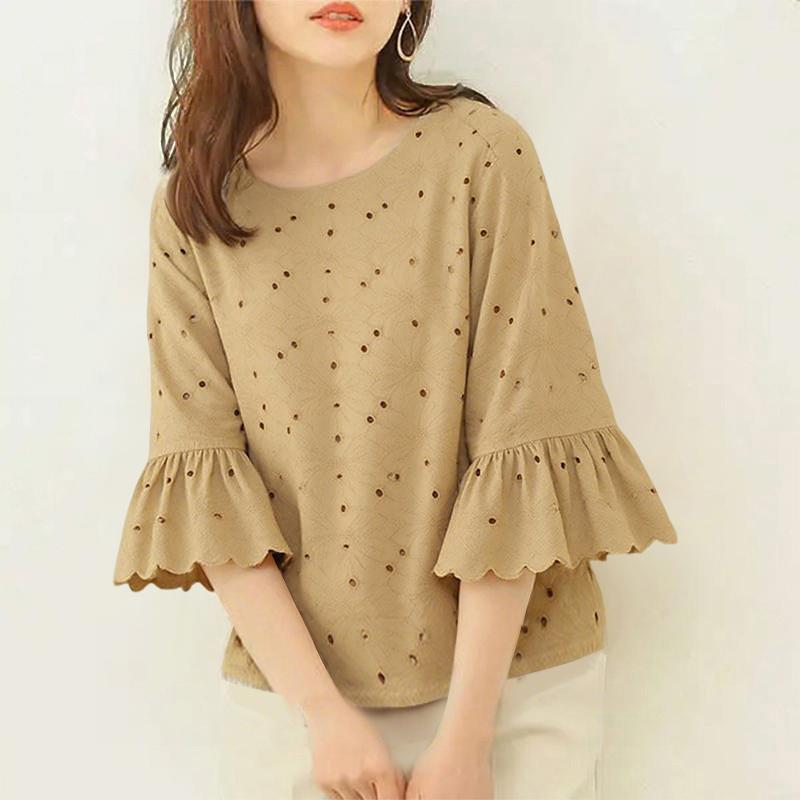 

ZANZEA Женская повседневная блузка с круглым вырезом и ажурным кружевом в стиле пэчворк с рукавом 3/4 5XL