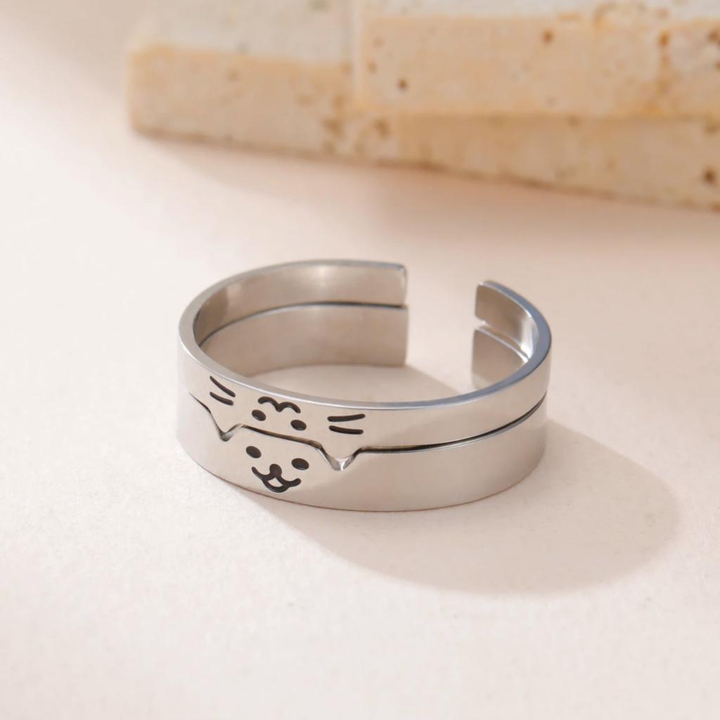 Fashionable Cat Dog Animal Couple Ring Stainless Steel Adjustable Ring Playful Personality Pet Enthusiast Valentine'S Day Gift