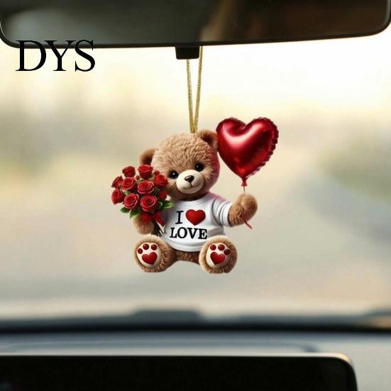 Acryl-Rosen-Dekoration Teddybär Hängendes Ornament, Hält Herzballon Rotes Blumenstrauß-Dekoration, Romantischer Anhänger Auto-Rückspiegel 2D Flach