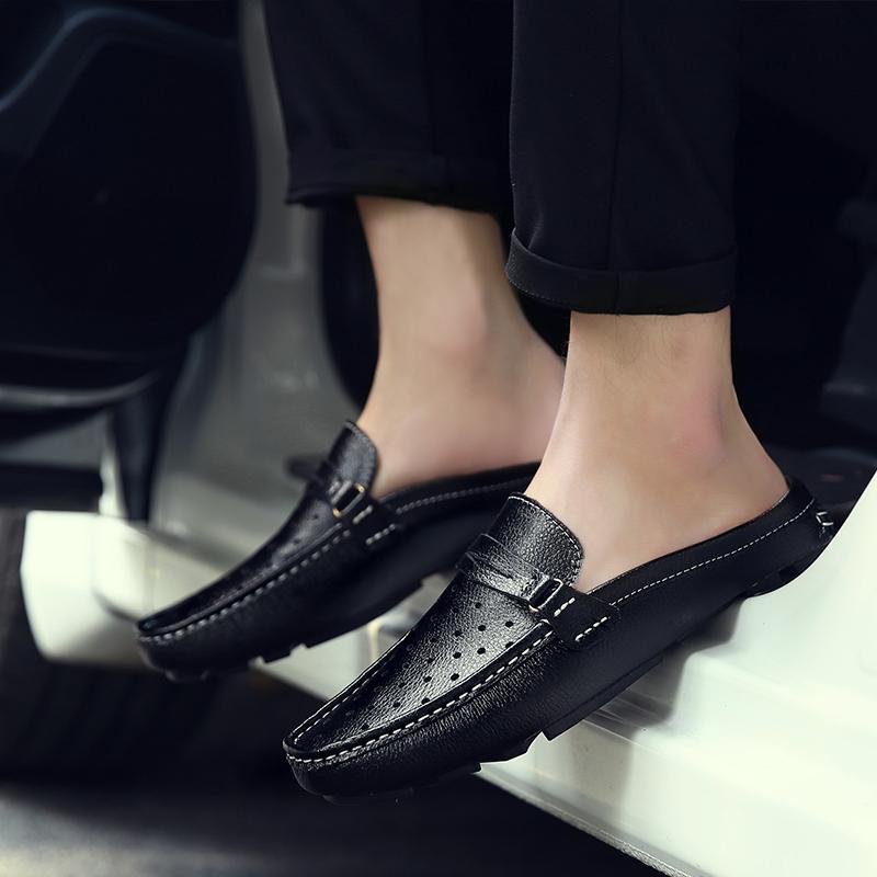 Summer Half Shoes For Men Casual Genuine Leather Loafers Moccasins Man Slipon Driving Men'S Shoes Breathable Hollow Out Slippers