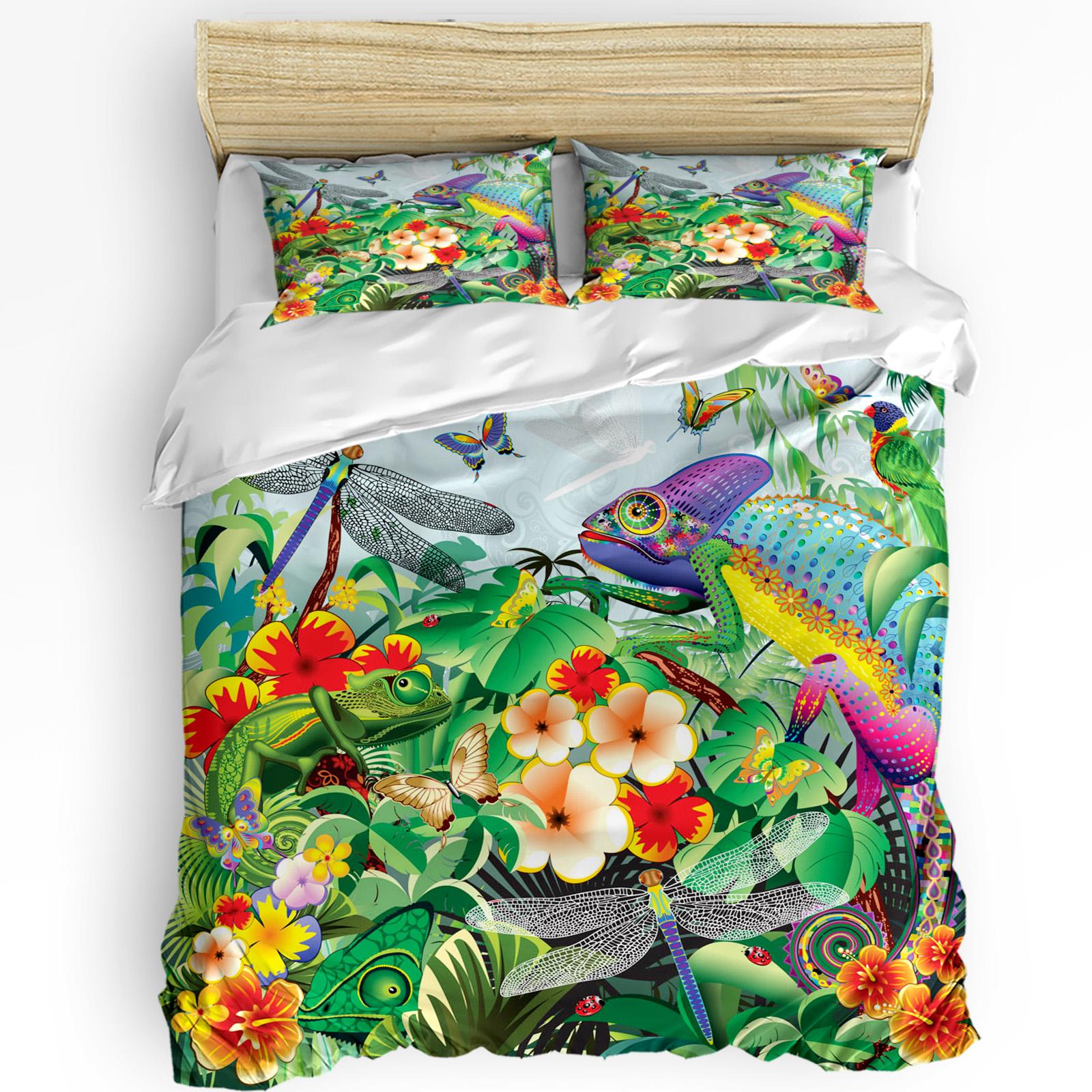Binchi Fitness Unisex Green Parrot Animal Tropical Plant Flower 3Pcs Bedding Set For Double Bed Home Textile Duvet Cover Quilt Cover Pillowcase