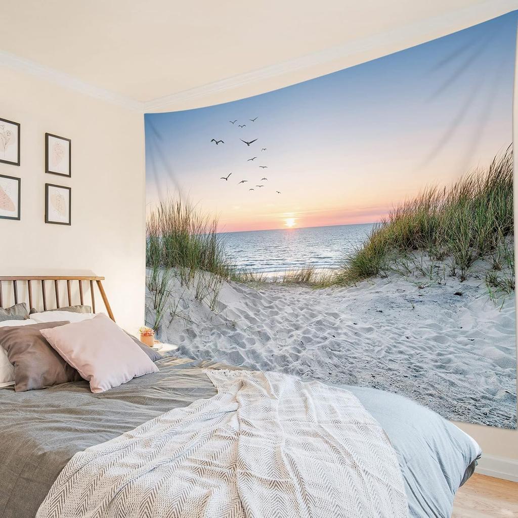 Ocean Beach Tapestry Wall Hanging, Sunset Seabird and Beach with Grass Wall Tapestry Natural Landscape Tapestries for Bedr