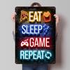 Manger Dormir Jouer Répéter Affiche Imprimée Néon Art Mural Personnalisé Panneaux Métalliques Vintage Rétro pour Décoration de Chambre de Jeu à la Maison Cosy