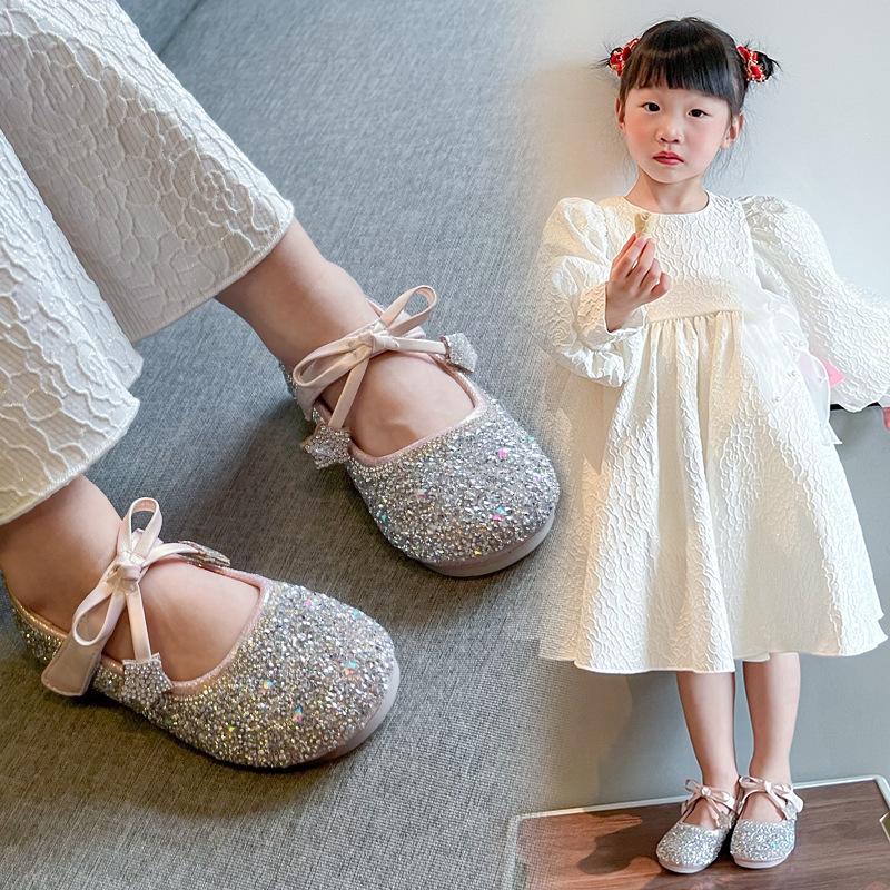 Girls' Sparkling Princess Shoes for Performances2026Spring and summer star rhinestone bow small leather shoes