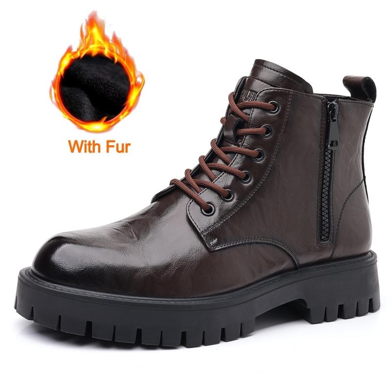 

Мужские зимние повседневные кожаные ботинки в британском стиле, фирменные ботинки с круглым носком, нескользящие короткие плюшевые мотоциклетные ботинки, износостойкие ботильоны 44