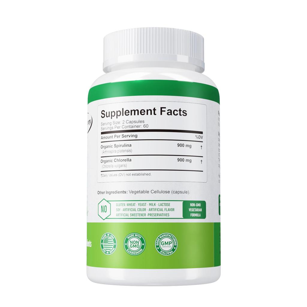 Organic Spirulina Capsules, Chlorella Supplement, 1800 Mg, Energy Booster, Immune System Booster