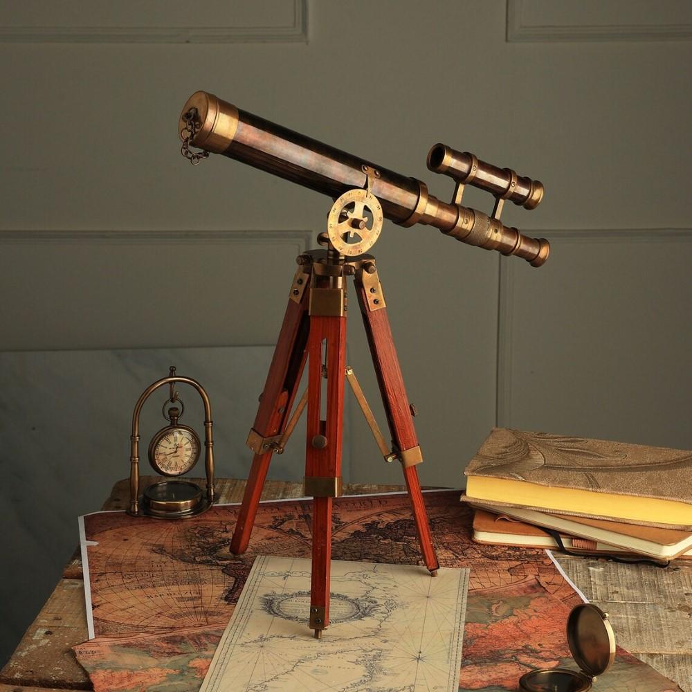 

Латунный телескоп с деревянной подставкой-штативом в морском стиле, винтажный декор для стола M аэро