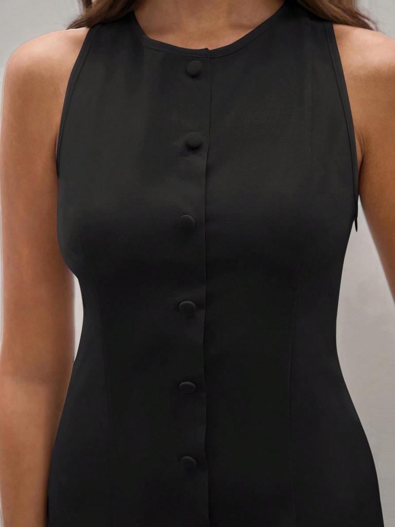 2026 Sleeveless Mid-length Women's Dress: Fashionable European & American Style with Button-up Design
