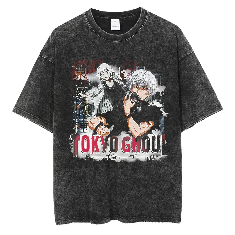 2026 Summer Retro Tokyo Ghoul T-shirt, Kaneki with "Tokyo Ghoul" & "Ken Kaneki" Text Anime Streetwear Washed Tee For Teens