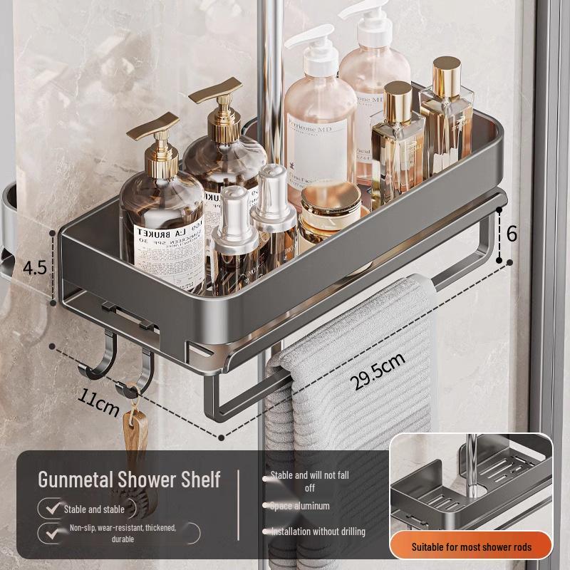 Universal No-Drill Shower Head Holder & Shelf for Bathroom Rods