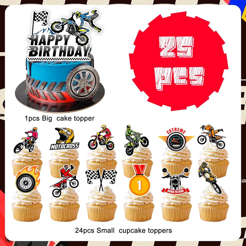 Topper per Torta di Motocicletta, 24 Pezzi Toppers per Cupcake Moto da Cross + 1 Pezzo Topper per Torta Moto da Cross Decorazioni per Torta di Compleanno Forniture per Feste di Compleanno