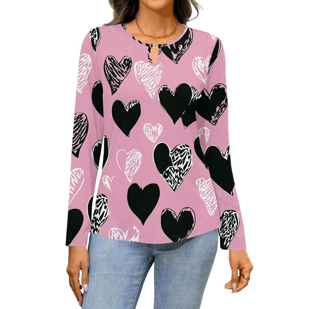 Women's Casual Round Neck Hollow,out Pullover Long Sleeve Valentine's Day Heart Print T,shirt Top