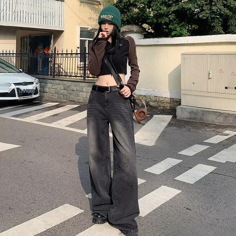2025 Smoke Gray High-Waisted Wide-Leg Jeans: Trendy Spring Drapey Pants