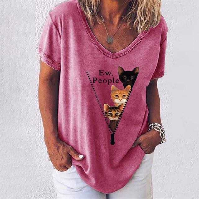 

Жіноча футболка Kawaii Cat Graphic V-подібний виріз з коротким рукавом Модні повсякденні футболки з принтом Веселий літній жіночий одяг Вуличний топ S
