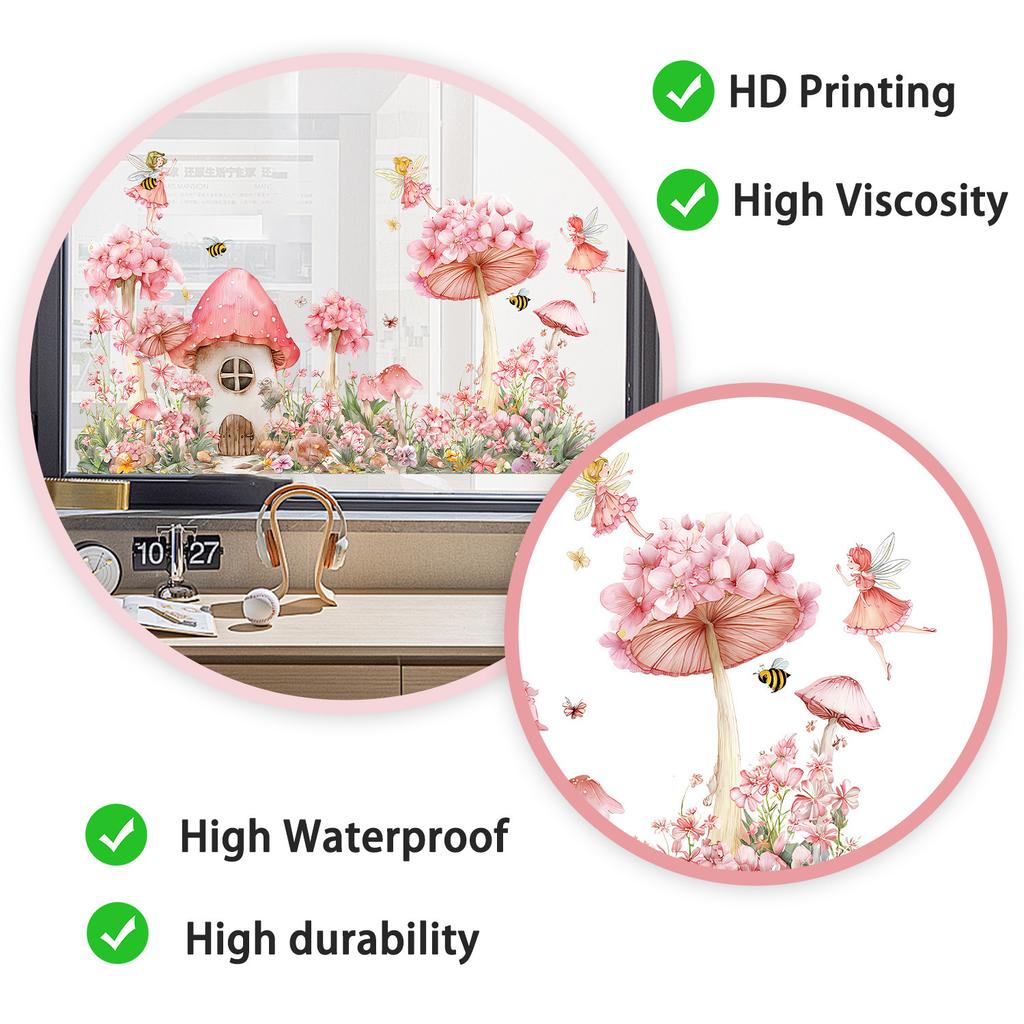 Static Cling Window Film Fairy Mushroom House with Girl In Flowers Double Sided View Decorative Window Sticker