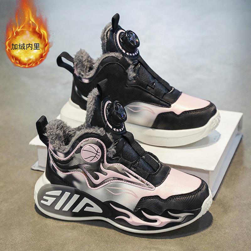 Children's basketball shoes Boys' shoes 2025 winter new sports shoes fleece warm large cotton shoes non-slip running shoes