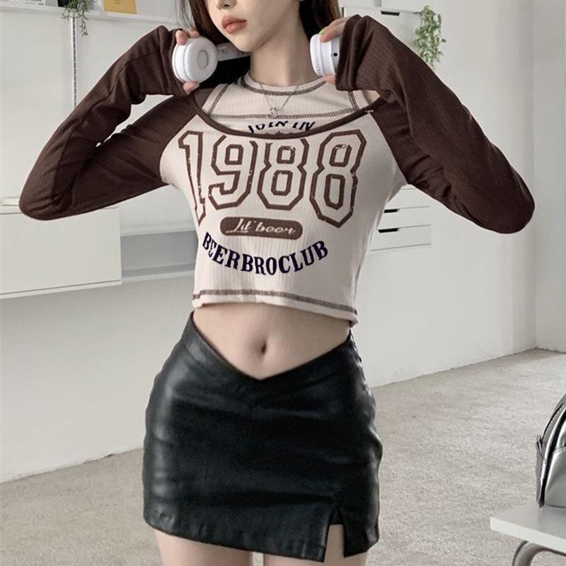 Frühlings- und Herbst-Damenbluse mit Rundhalsausschnitt, Buchstabenaufdruck, schulterfrei, lange Ärmel