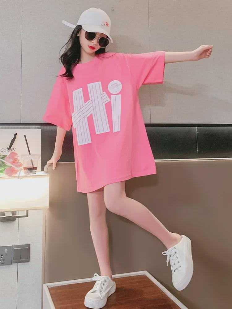 2023 Summer Girls' Short-Sleeve Stylish Medium-Length Loose T-Shirt Dress for Older Kids