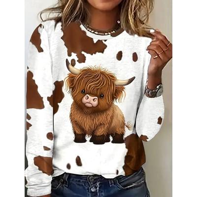 Damen T-Shirt Langarm Grafik Tier Kuh Vintage Stilvoll Lässig Langarm Rundhalsausschnitt Normale Oberteile